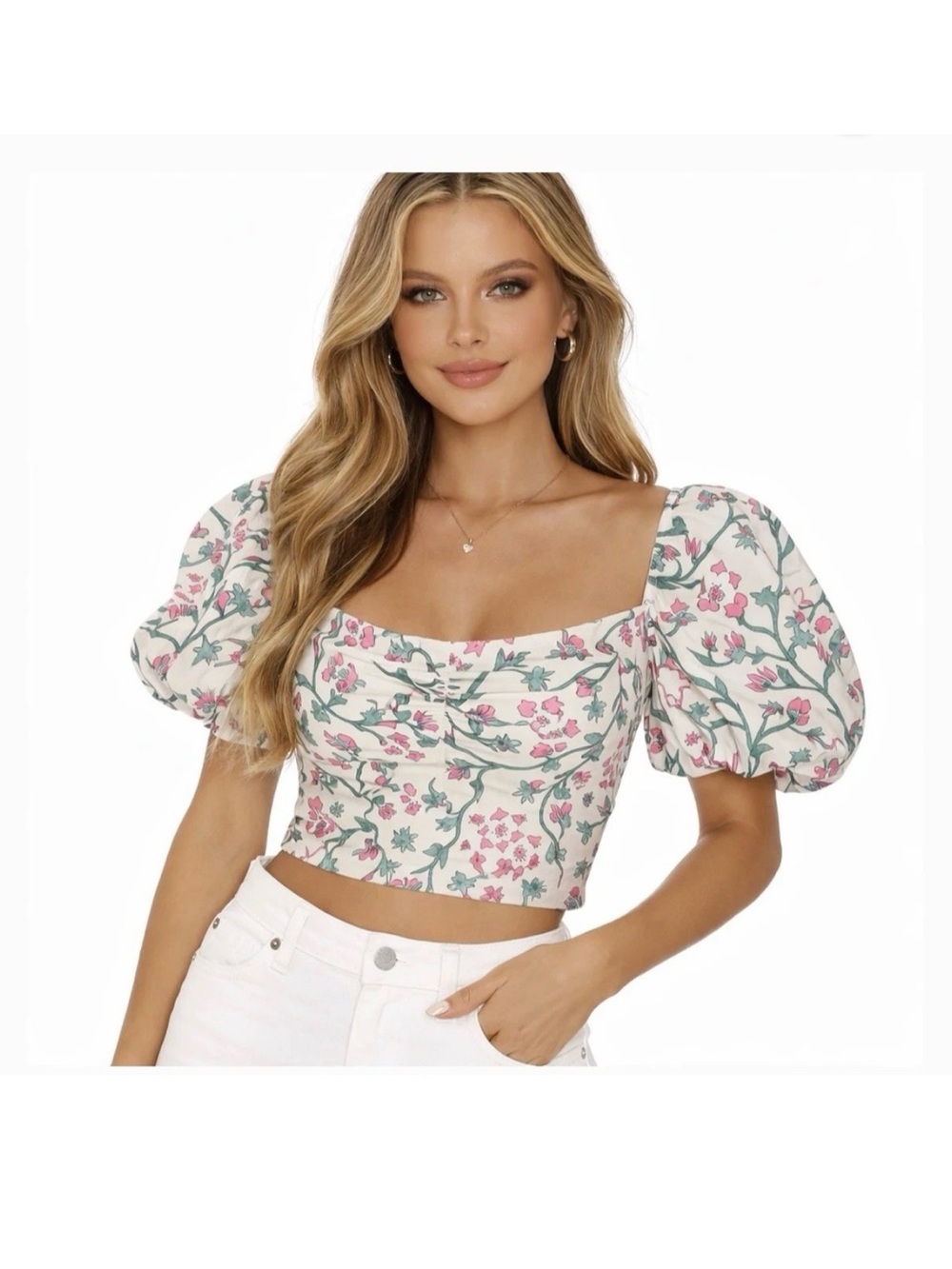 NWT Abercrombie & Fitch Pink Green Emerson Floral Off Shoulder Crop Top Women S